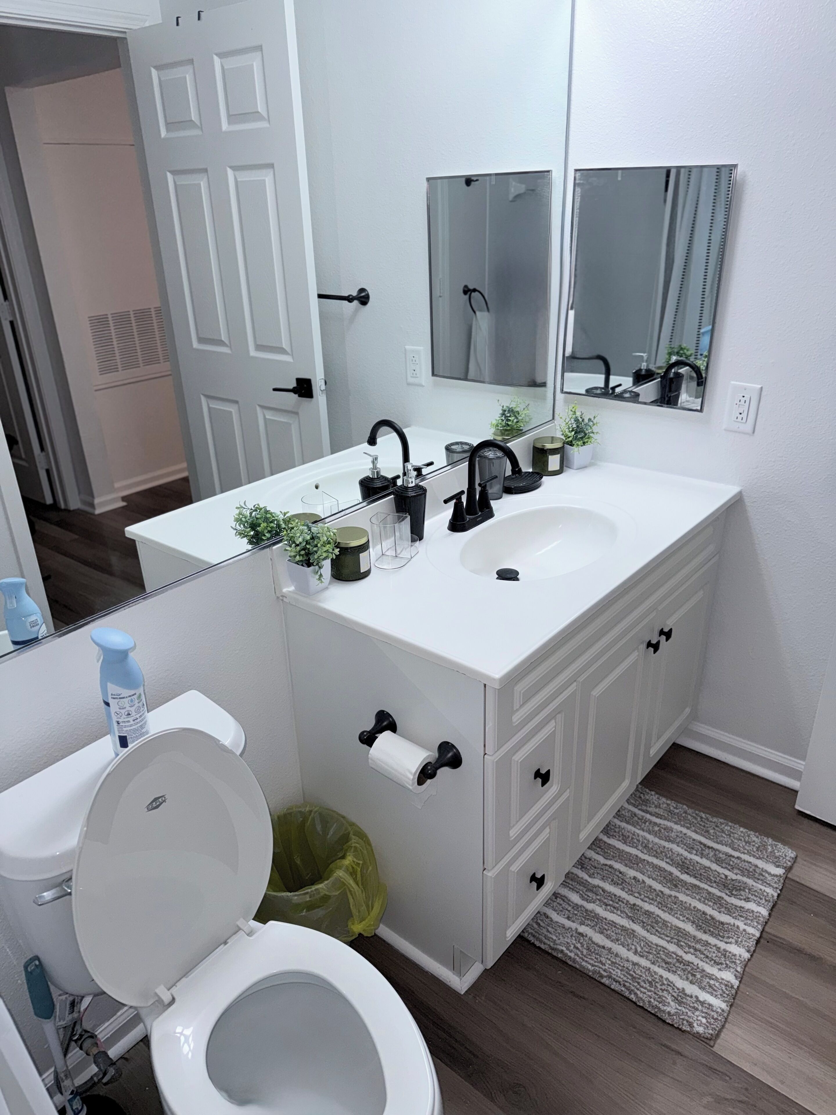 A bathroom with a white sink, black faucet, and a mirror above it. There is a toilet with a white lid, a trash can, and a green rug on the floor.