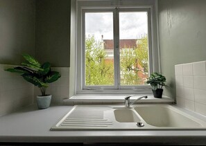 Eine Küche mit Fenster, Spüle und zwei Blumentöpfen.