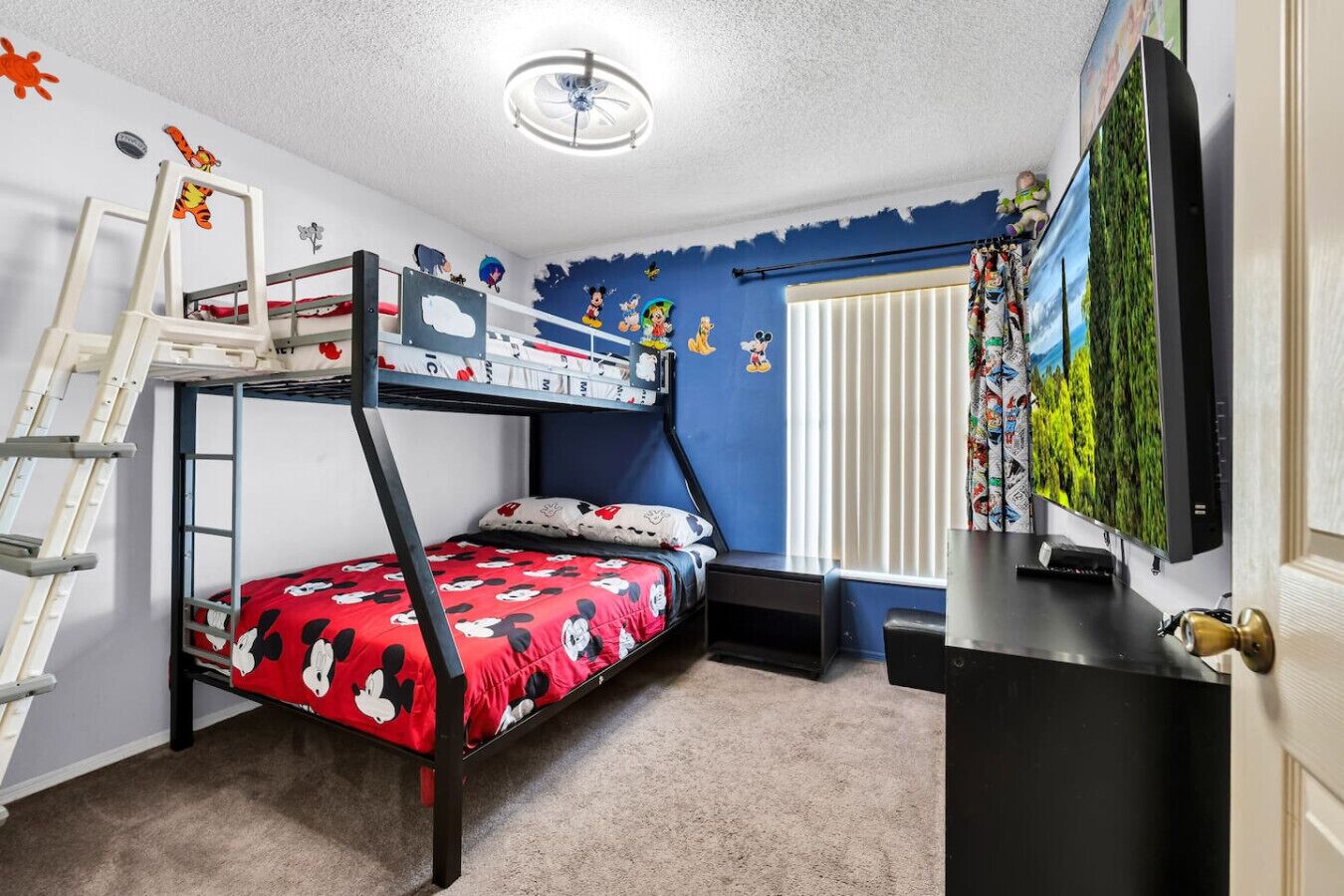 A bunk bed room with a ladder, a desk, and a TV.