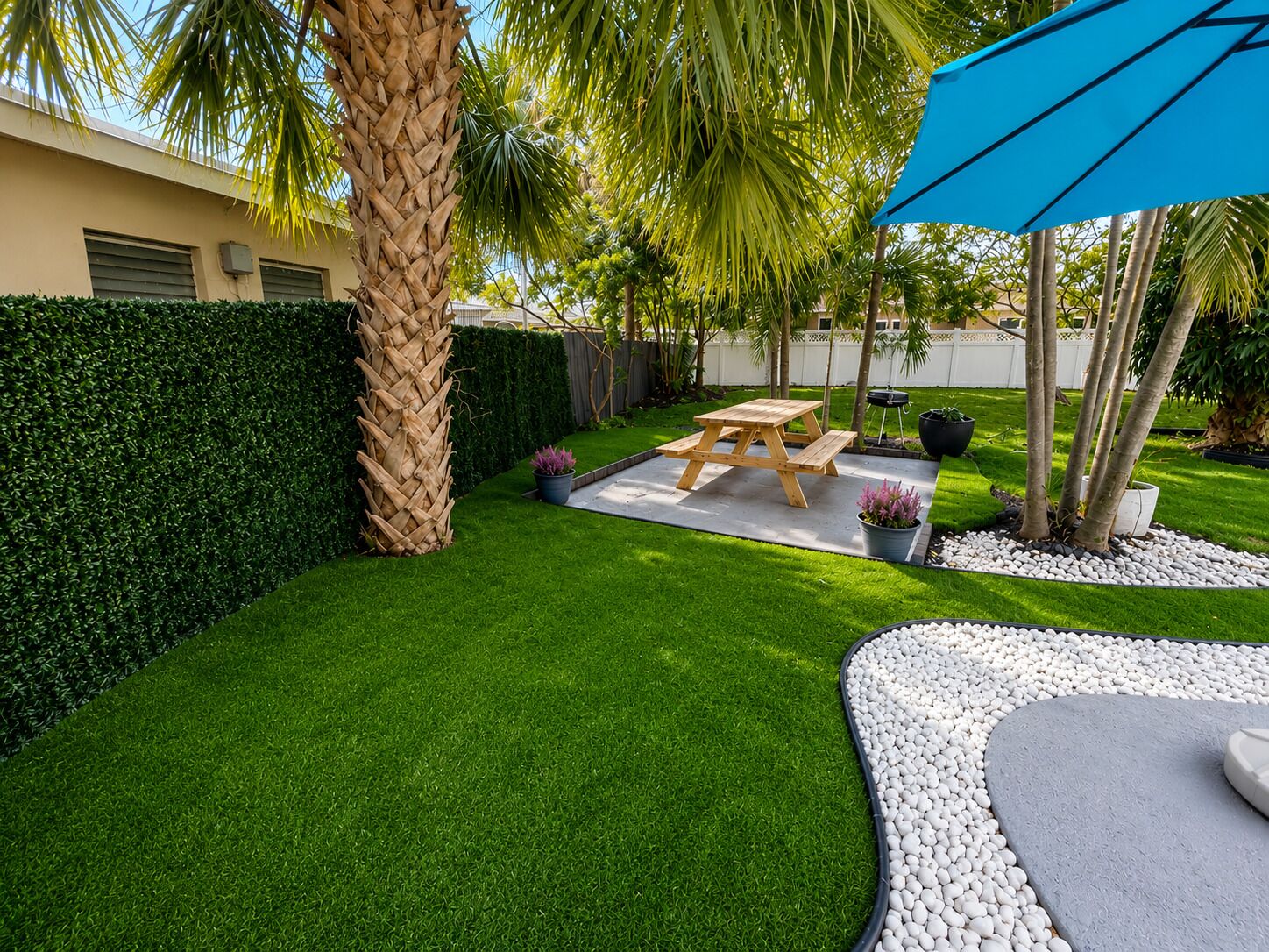 A well-maintained garden with a picnic table, a blue umbrella, and a variety of plants.