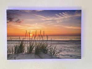 Une scène de plage avec des dunes de sable et de l’herbe.