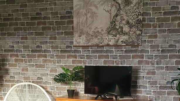 A cozy living room with a brick wall, a wooden entertainment unit, a sofa, a chair, and a television. - Country house 20 minutes from Salers with private terrace and garden (Jaleyrac)