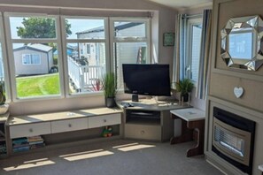 A room with a TV, a fireplace, and a window with a view of houses.