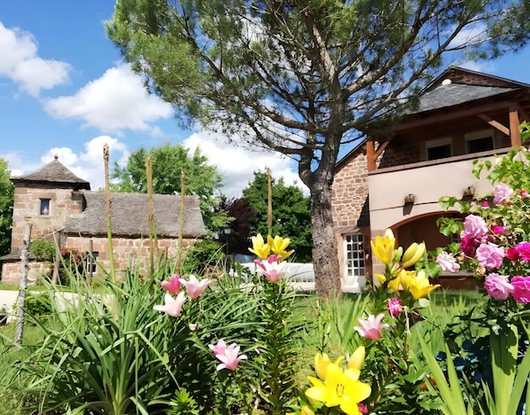 A stone building with a thatched roof, surrounded by a garden with various flowers and a large tree.