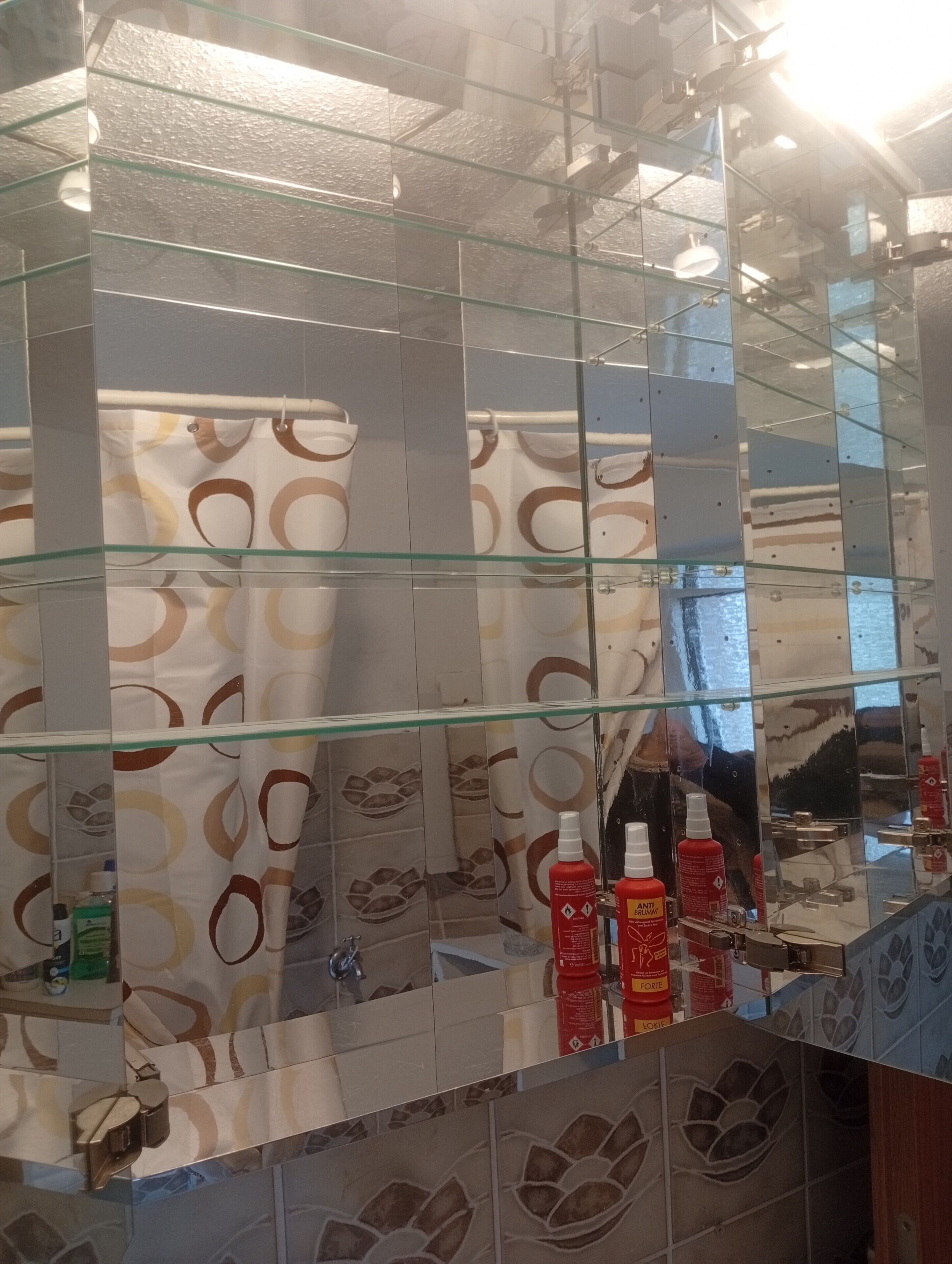 Een badkamer met een glazen scheidingswand, een spiegel en toiletartikelen op het aanrecht.