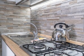 Une cuisine au design moderne, équipée d’une bouilloire en acier inoxydable, d’une cuisinière à gaz et d’un évier doté d’un robinet contemporain.