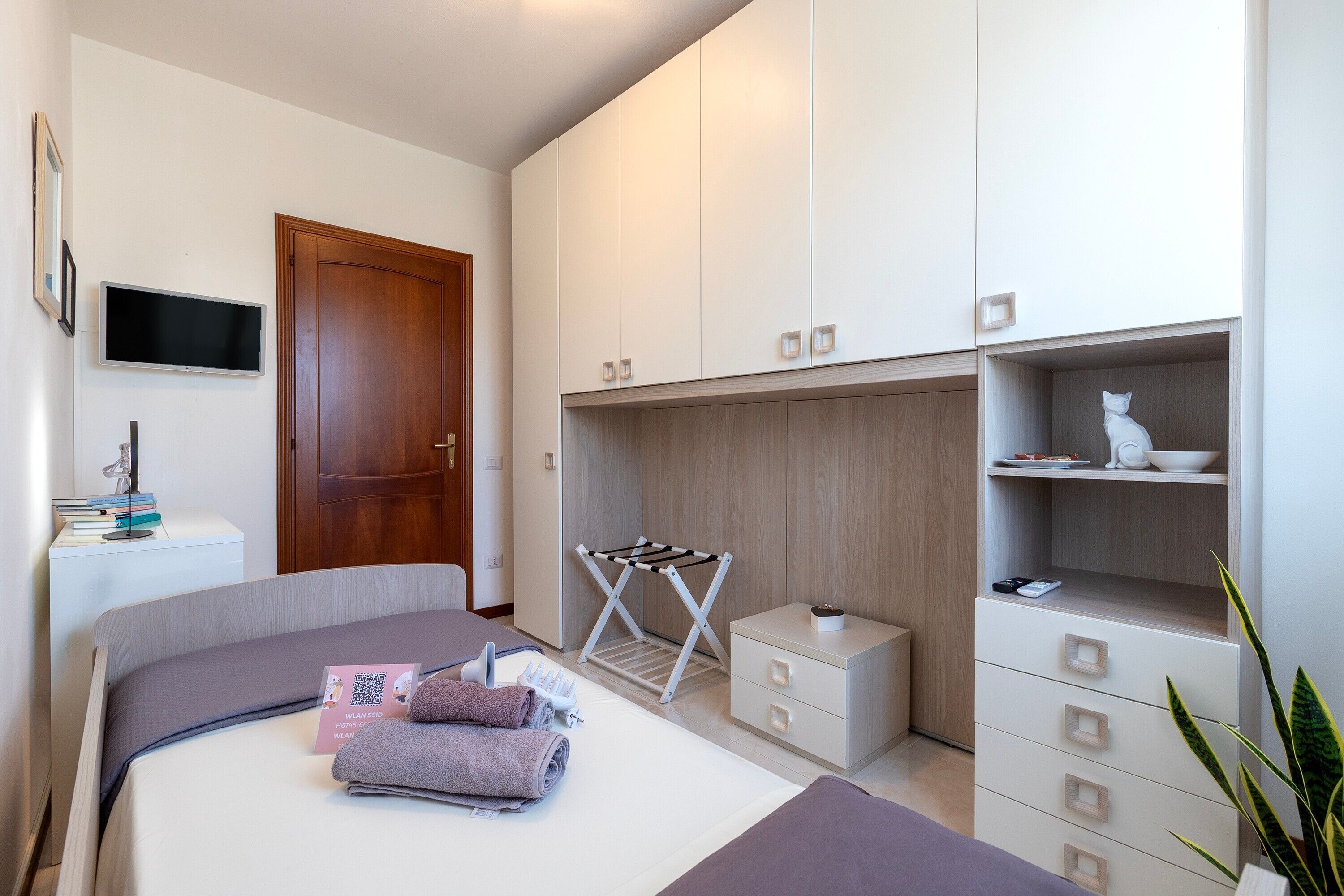 Habitación de hotel con cama, televisión, puerta de madera, armario blanco, una mesita con un cuenco y una planta.