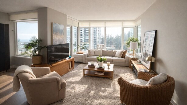 A modern living room with a sofa, armchairs, a coffee table, a TV, and large windows offering a city view. - Ocean View Downtown (White Rock)
