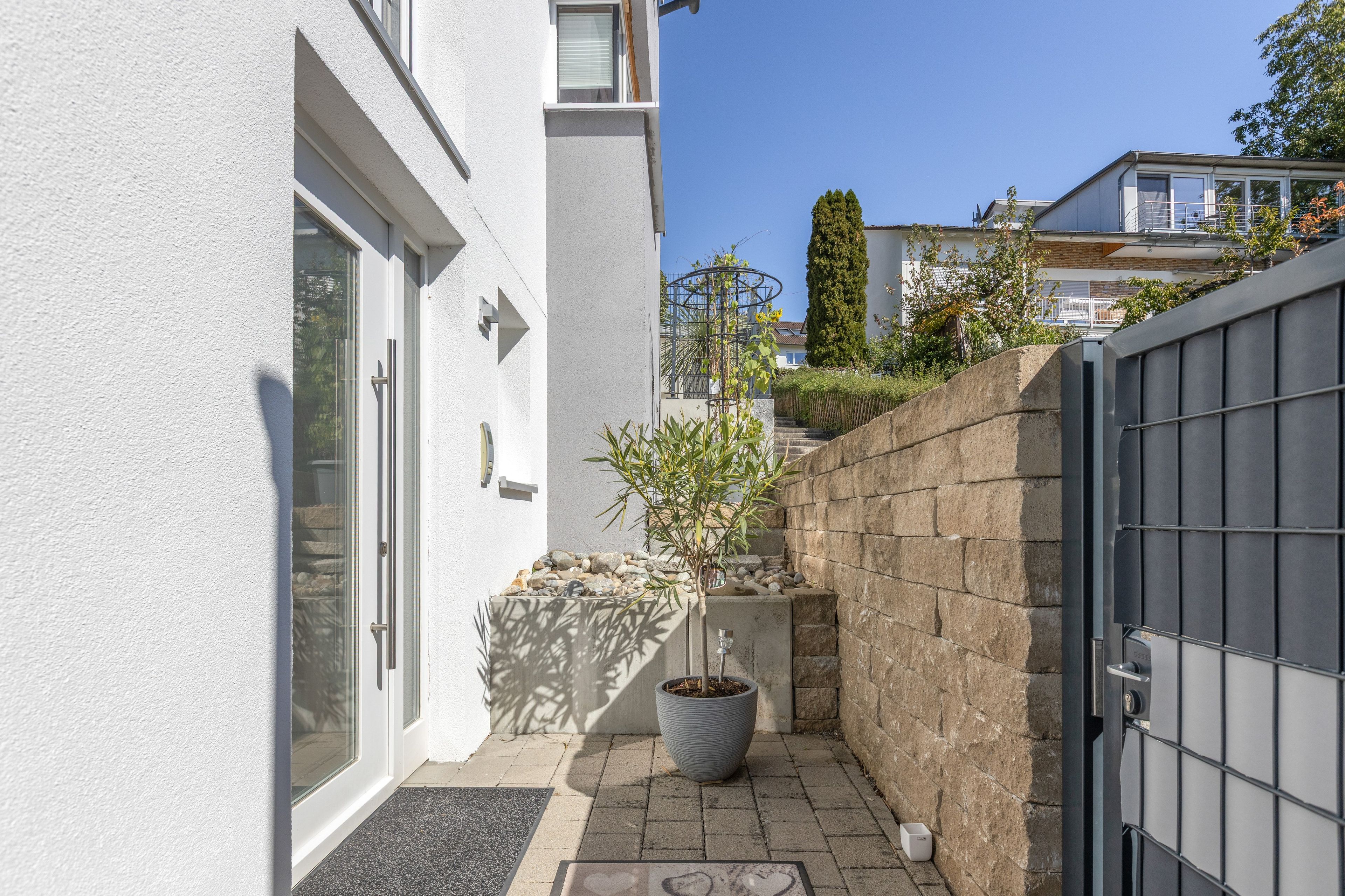 Un étroit couloir extérieur avec un mur blanc, une plante en pot et un portail en métal.