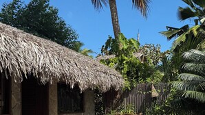 Un área al aire libre rústica con una cabaña de techo de paja, muebles de madera y una palmera.
