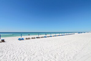 Ein Strand mit weißem Sand und einer Reihe blauer Sonnenschirme und Liegestühle.