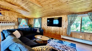 Habitació amb panells de fusta, un sofà, una televisió i una finestra amb cortines.