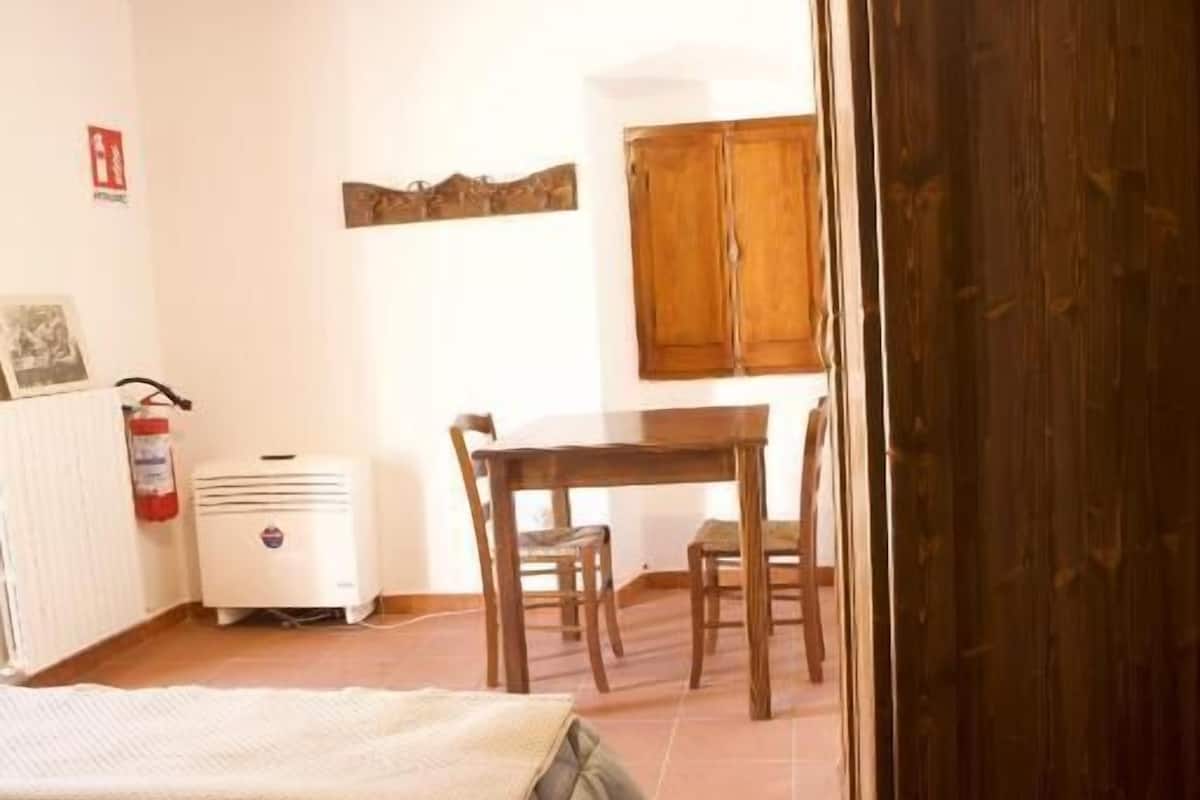 Une pièce comprenant un lit, une table, des chaises, une armoire en bois, un radiateur et un ventilateur de plafond.