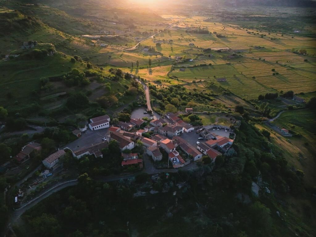An aerial view of a village with houses, roads, and fields.