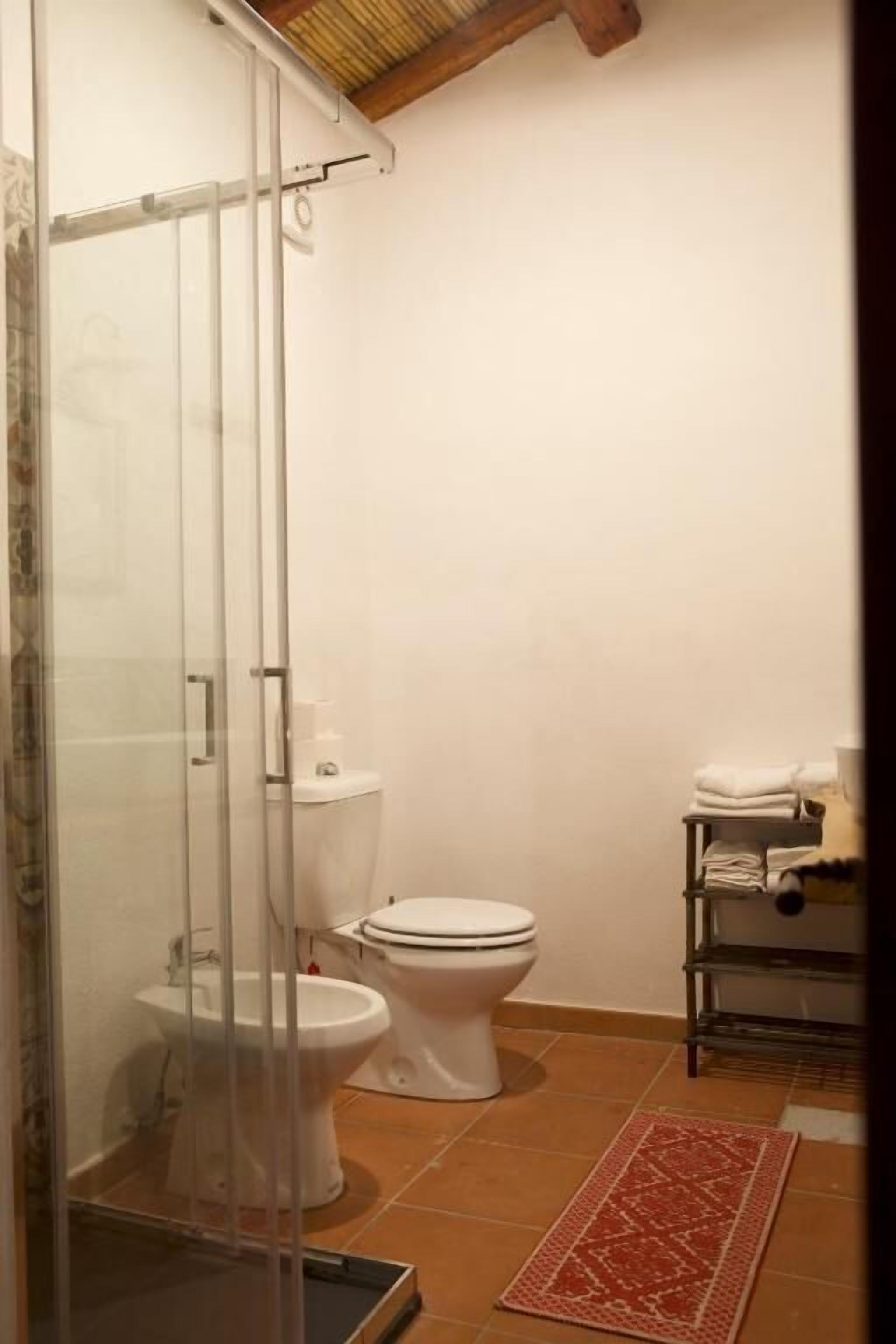 Une salle de bain avec une douche à parois de verre, des toilettes et une petite étagère avec des serviettes.
