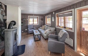 Une pièce chaleureuse avec une cheminée, deux canapés, une table basse et de grandes fenêtres à cadres en bois.