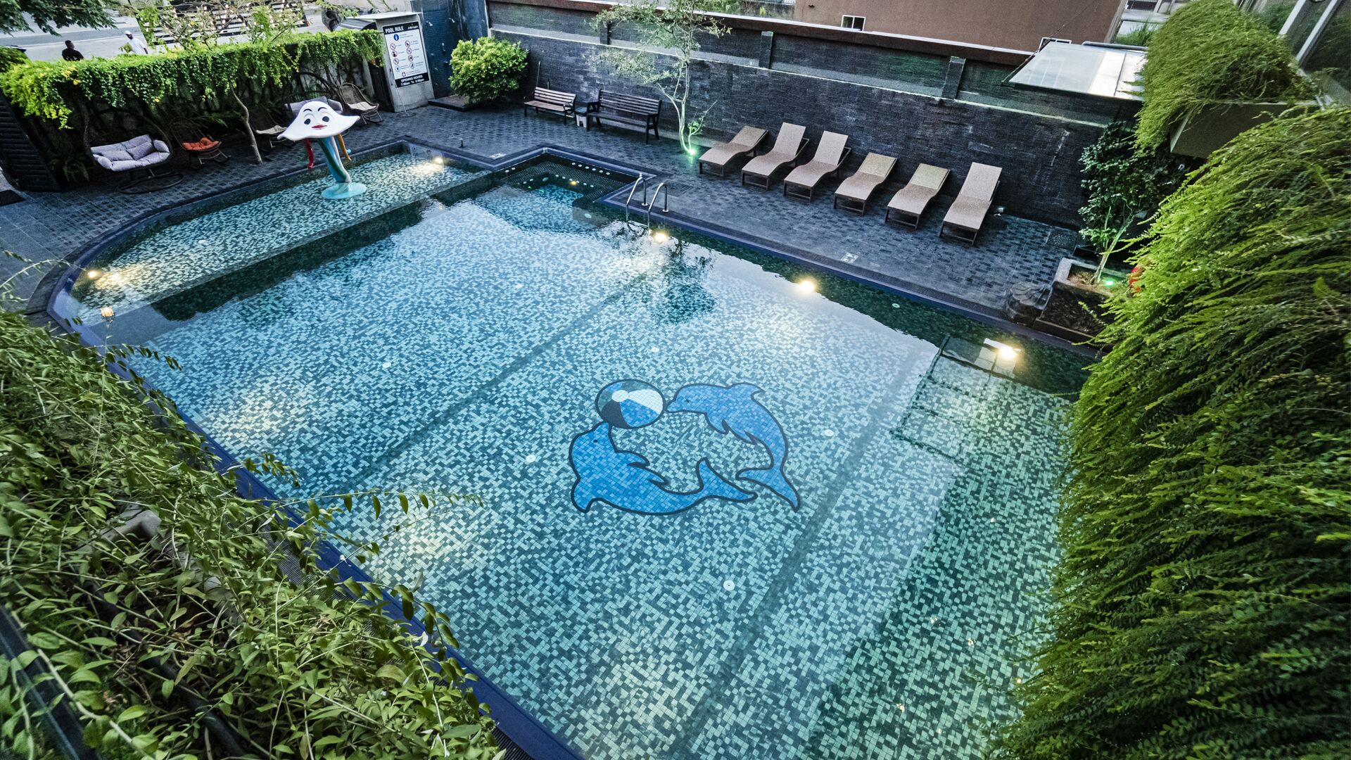 Outdoor pool, pool umbrellas, pool loungers