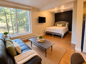 Ein modernes Schlafzimmer mit Bett, Fernseher und einer Couch in einem Raum mit großen Fenstern.