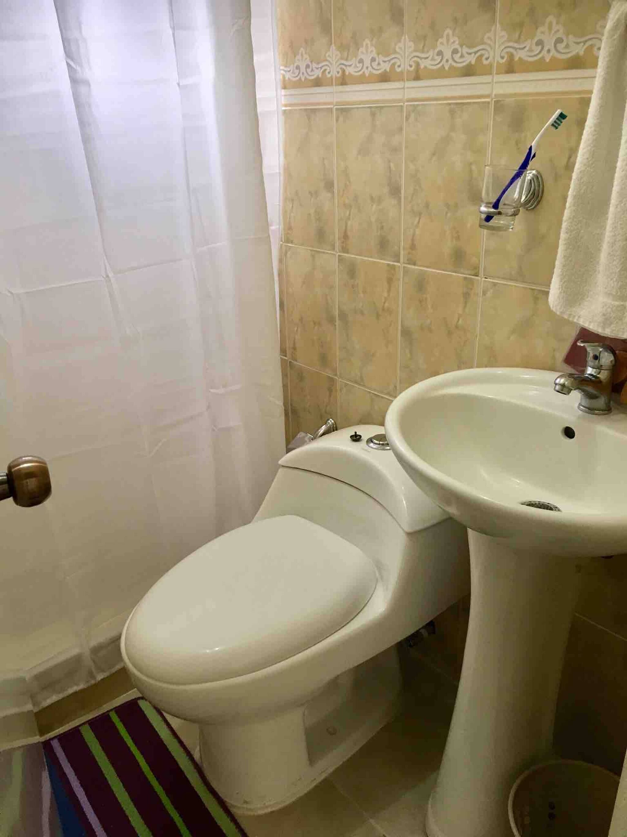 Et badeværelse med toilet, håndvask og et håndklæde hængende på væggen.