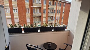 A balcony with potted cacti, a small round table, and two chairs. - The houses of Vanda (Milano)