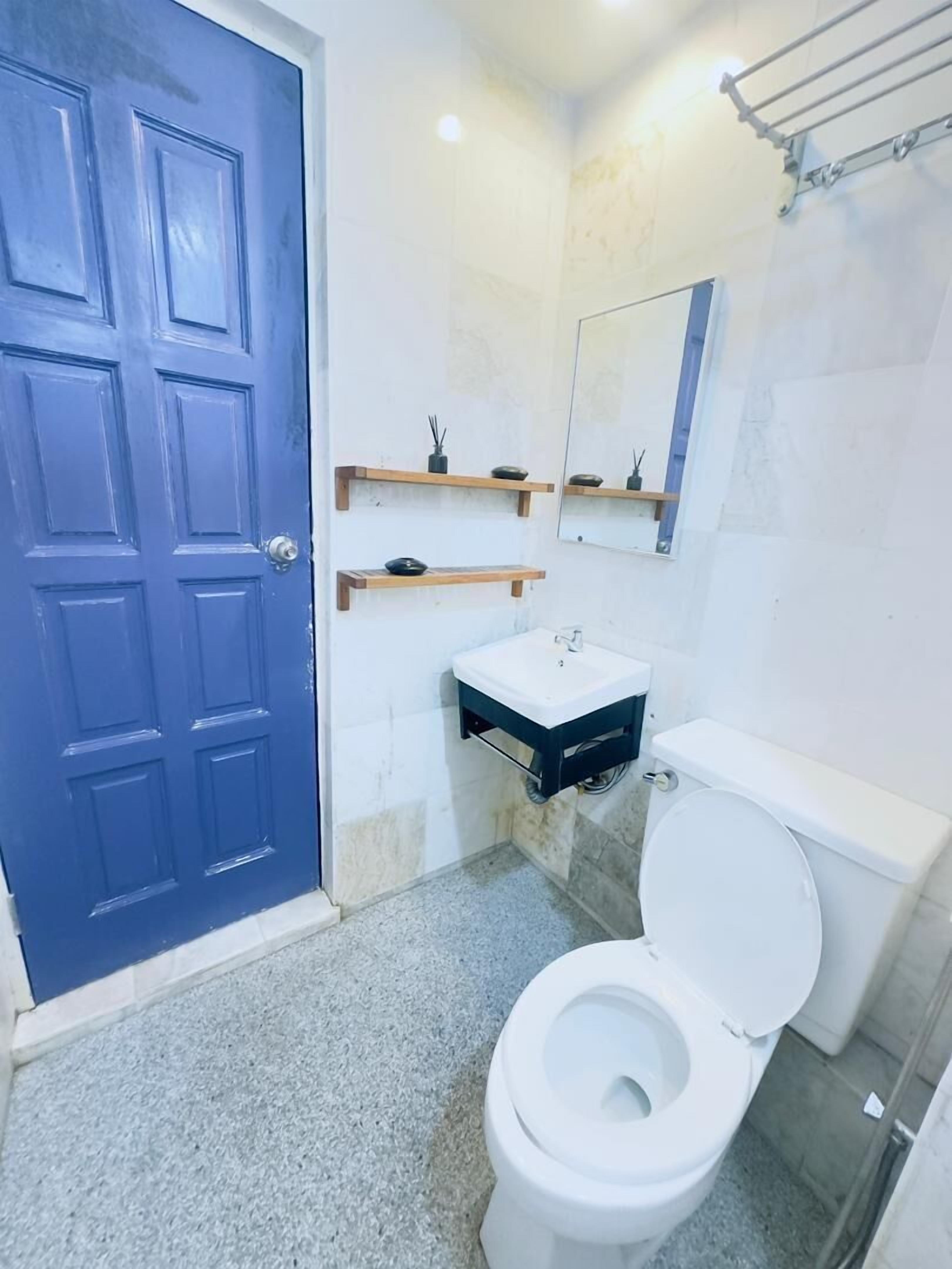 Ein Badezimmer mit blauer Tür, Toilette in Weiß, einem kleinen Waschbecken und einem Spiegel darüber.