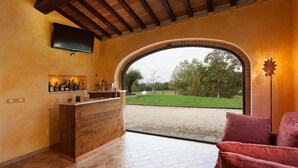 A bar area with a TV, a counter with bottles, and a view of a grassy field through an arched doorway. - Umbria Genius Loci Farmhouse (Collazzone)