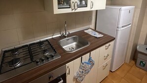 Eine Küche mit Gasherd, Spüle, Schränken, Kühlschrank und Mülleimer.
