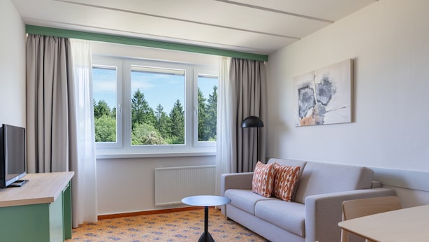 A room with a sofa, a small table, a TV on a stand, and a window with curtains. - Studio im Ferienpark in Schoneck (Schoeneck)