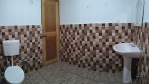 A bathroom with a toilet, sink, and wooden door. - Donskit guest house  (Leh)