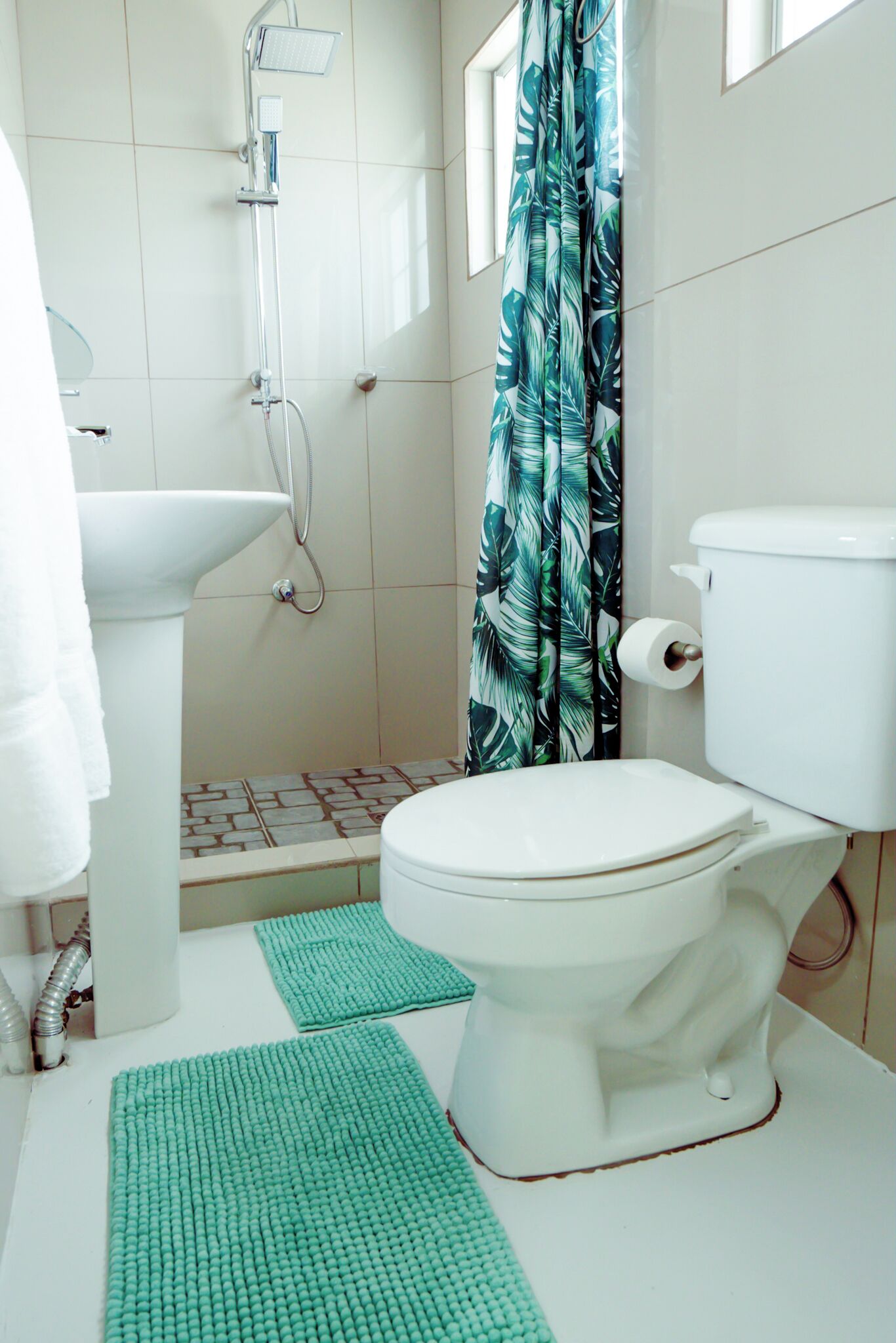 Dusche, Haartrockner, Handtücher, Toilettenpapier