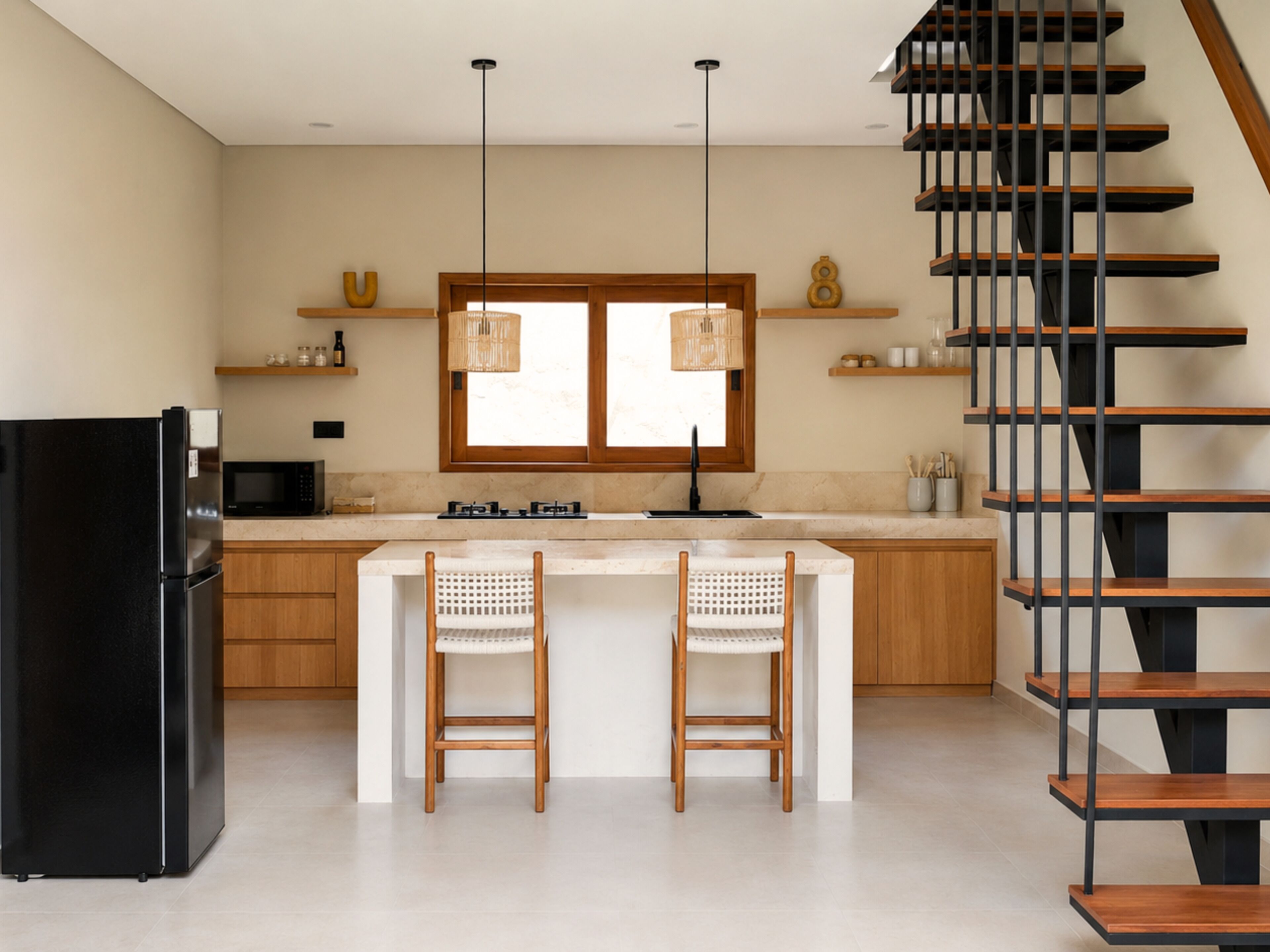 A modern kitchen with a central island, wooden chairs, a black refrigerator, a microwave, and a staircase.