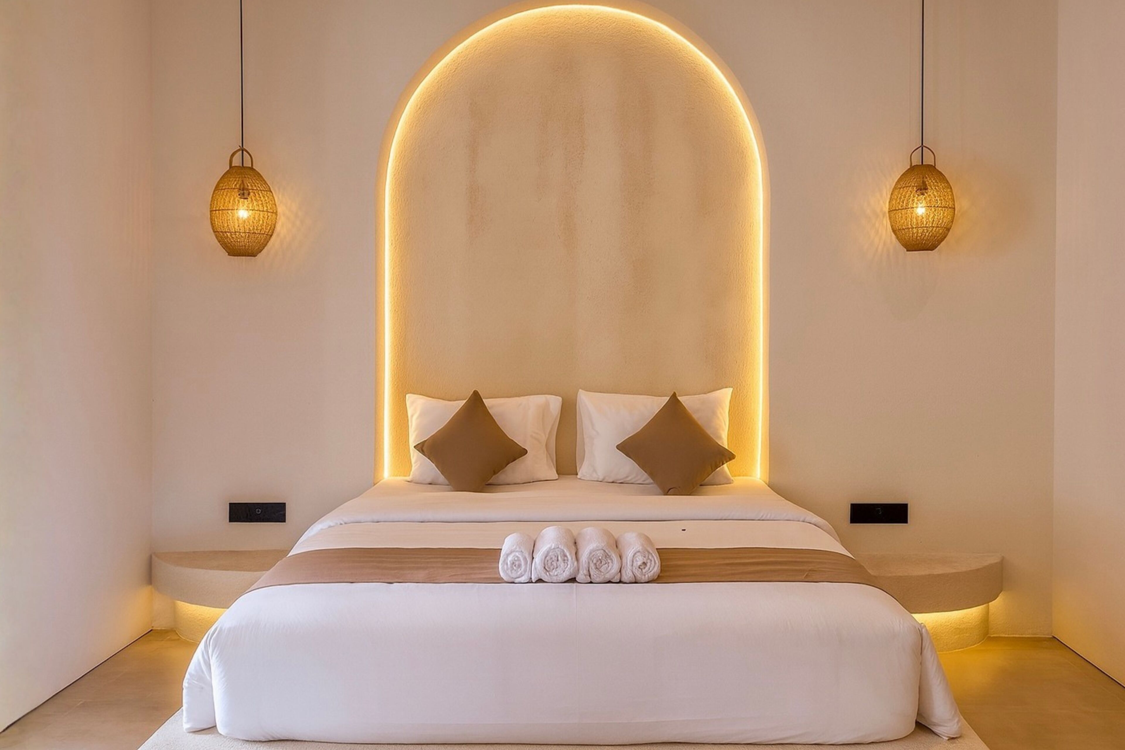 A modern hotel room with a large bed, two bedside tables, and a unique arched ceiling design.