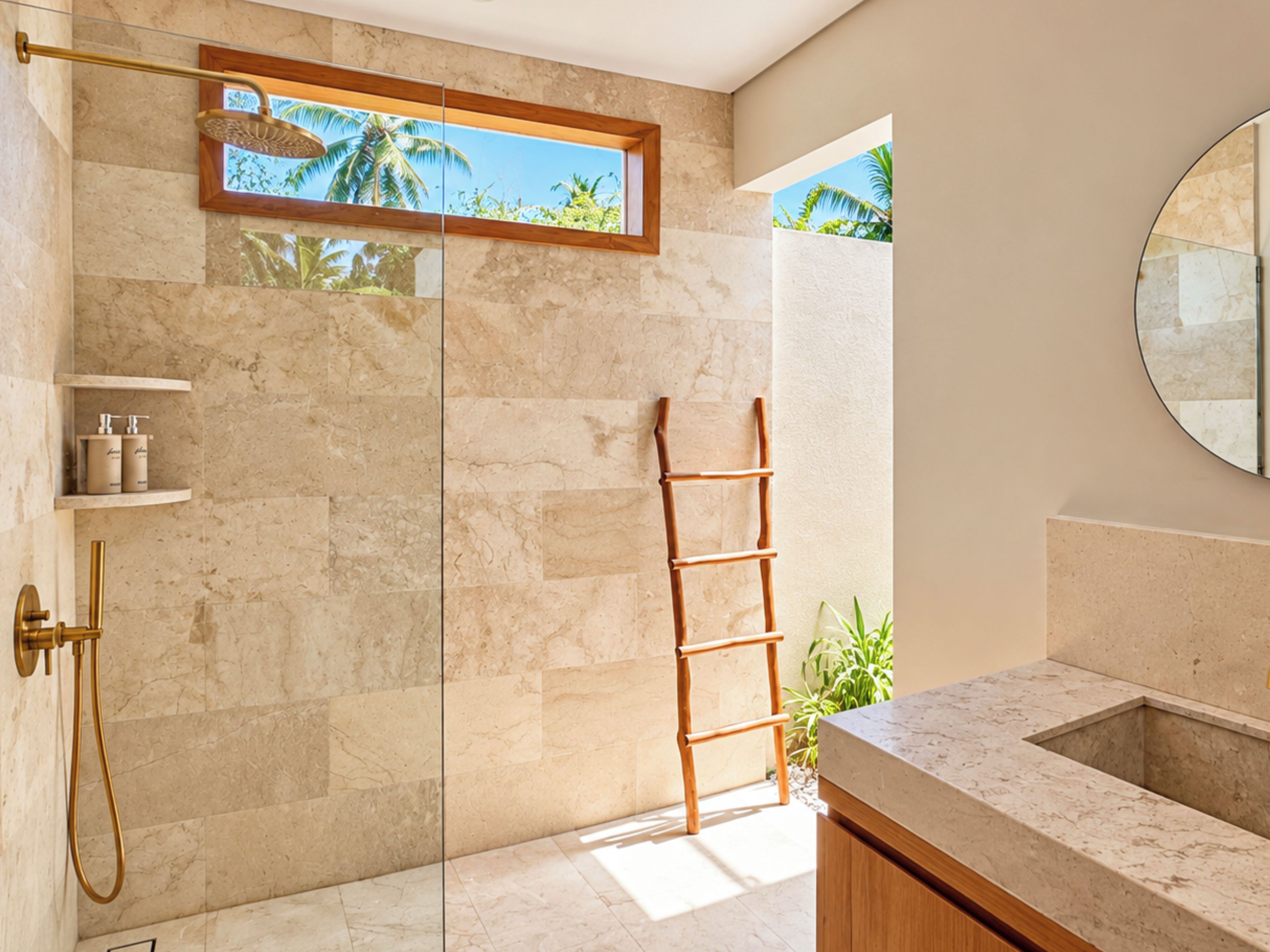 A modern bathroom with a glass shower enclosure, a wooden ladder, and a marble countertop.
