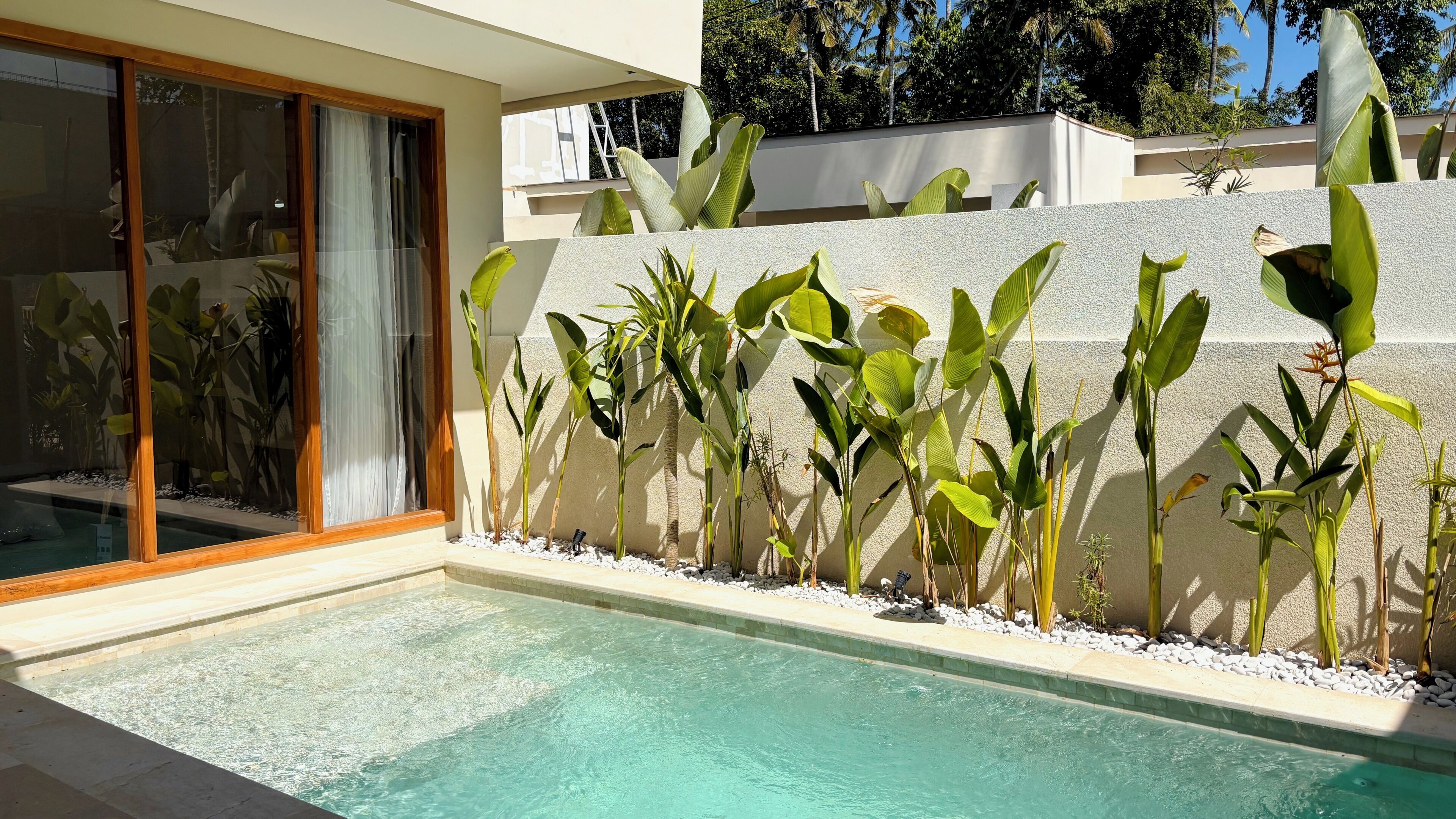 Una piscina con muro de piedra y plantas tropicales.