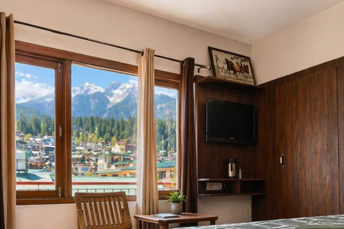A bedroom with a bed, a TV, a wooden chair, a window with a mountain view, and a small table with a plant.
