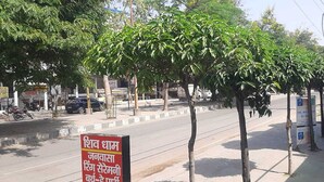 A street scene with trees, parked cars, and a signboard. - Hotel Shivdham (Lucknow)
