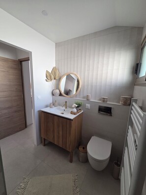Dusche, Haartrockner, Handtücher, Toilettenpapier