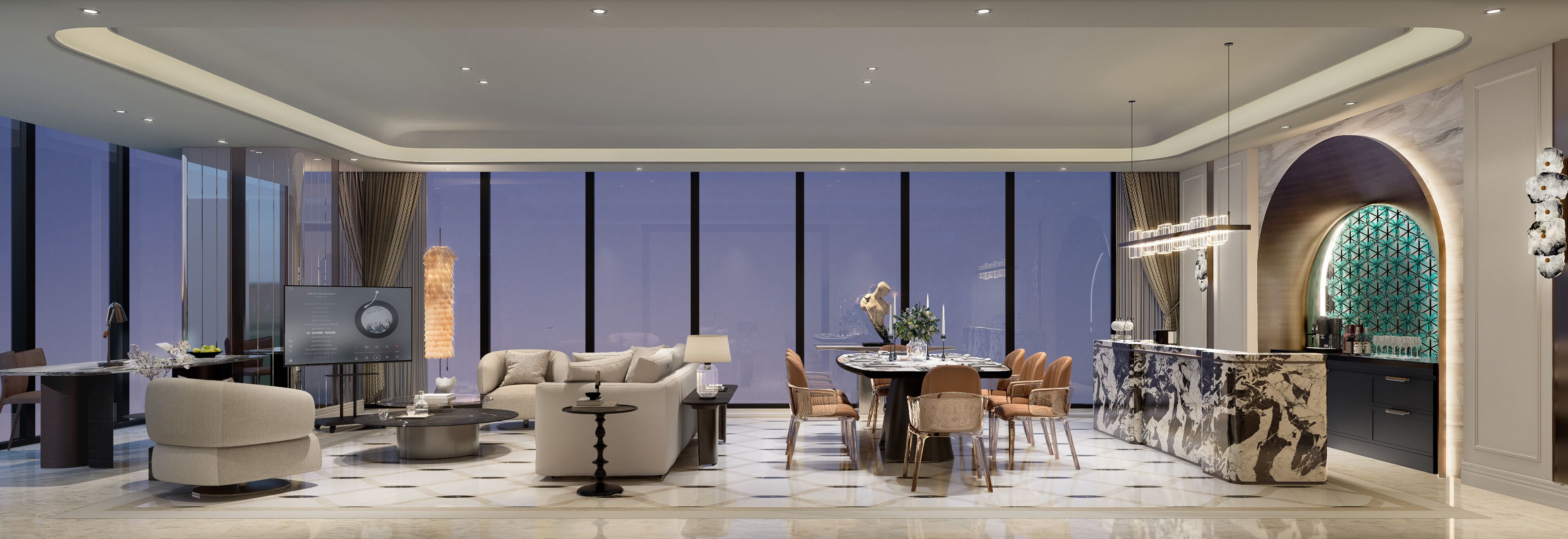 Ein modernes Interieur mit Essbereich, Sofas, Fernseher und einer Wanddekoration.