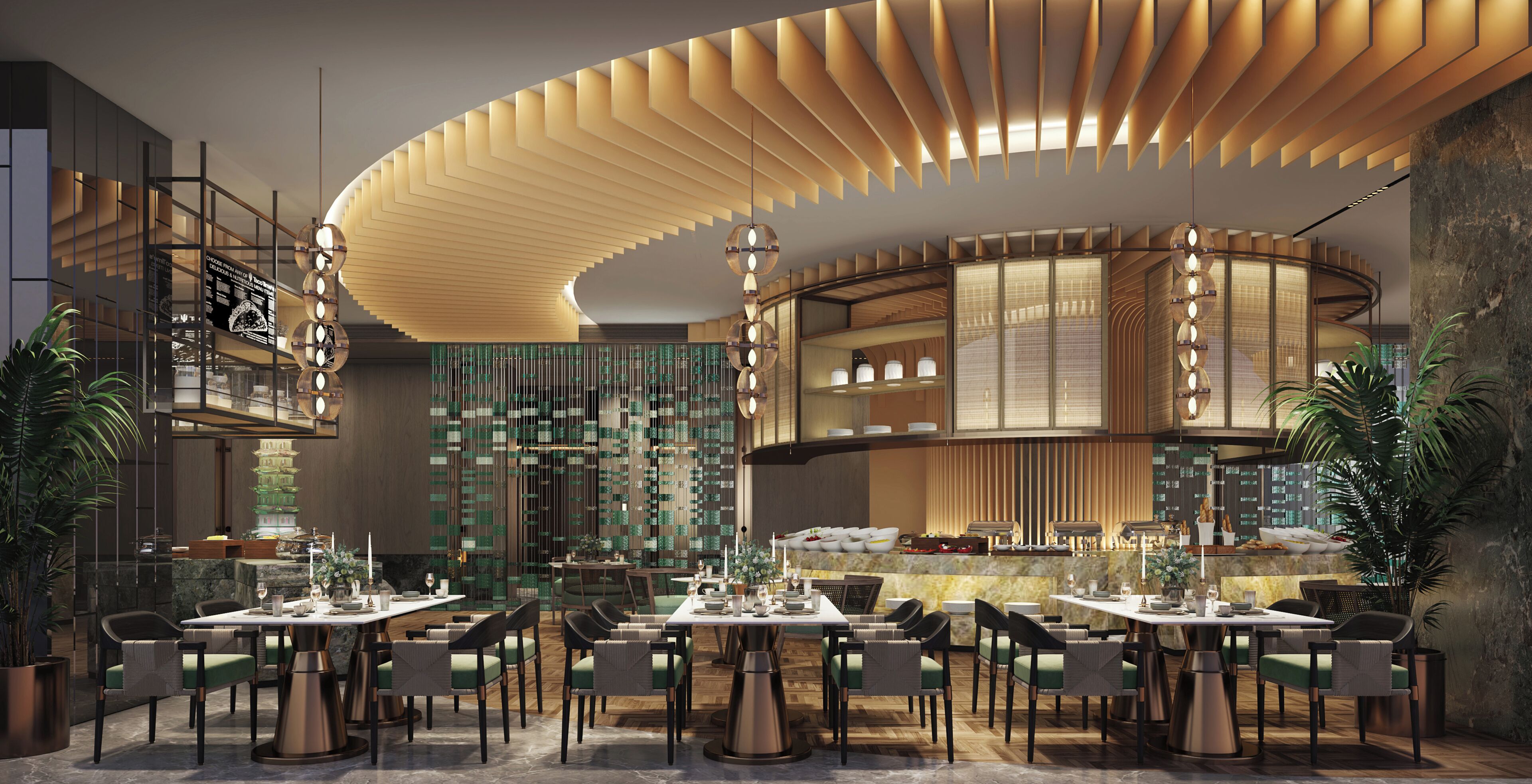 A modern restaurant with a curved ceiling, multiple dining tables, and a variety of seating arrangements.