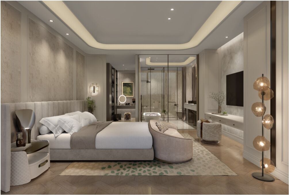 A modern bedroom with a large bed, bedside tables, a TV, and a floor lamp.
