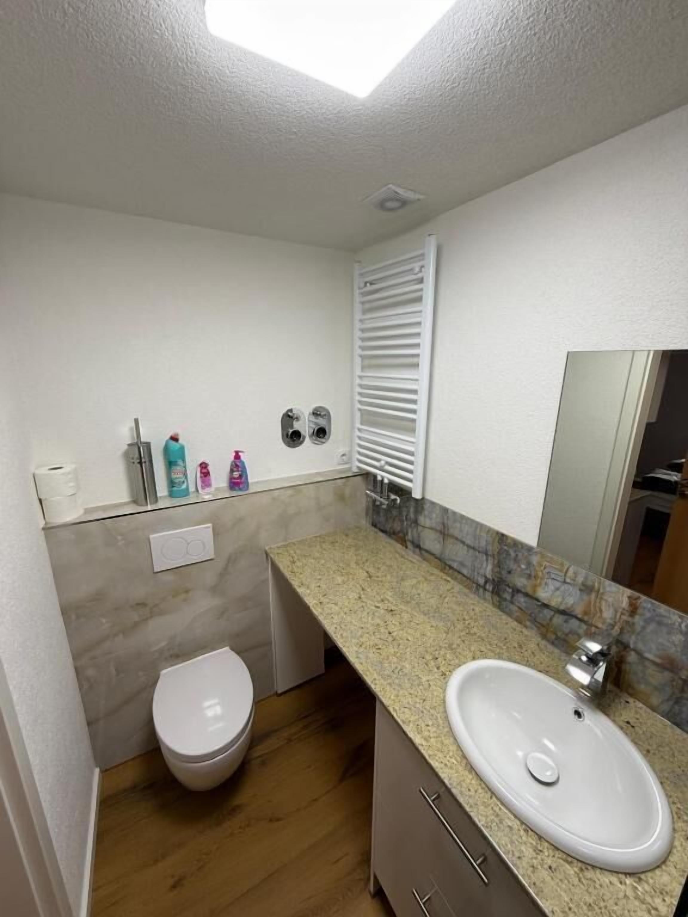 Een kleine badkamer met toilet, wastafel en spiegel.