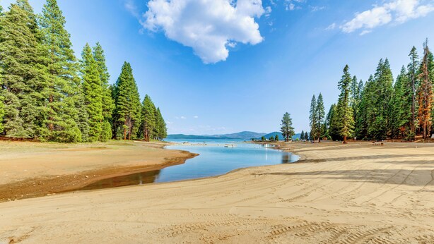 A beach with sand, water, and trees. - Near Beaches & Boat Launches! Lake Almanor Getaway (Lake Almanor)
