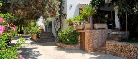 A courtyard with stone steps, potted plants, and a white building with a stone facade.