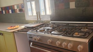 A kitchen with a gas stove, oven, and a window with a view. - The Amar Vilas (Dehradun)