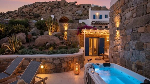 Un espacio al aire libre con paredes de piedra, una bañera de hidromasaje, sillones de descanso y una entrada bien iluminada.