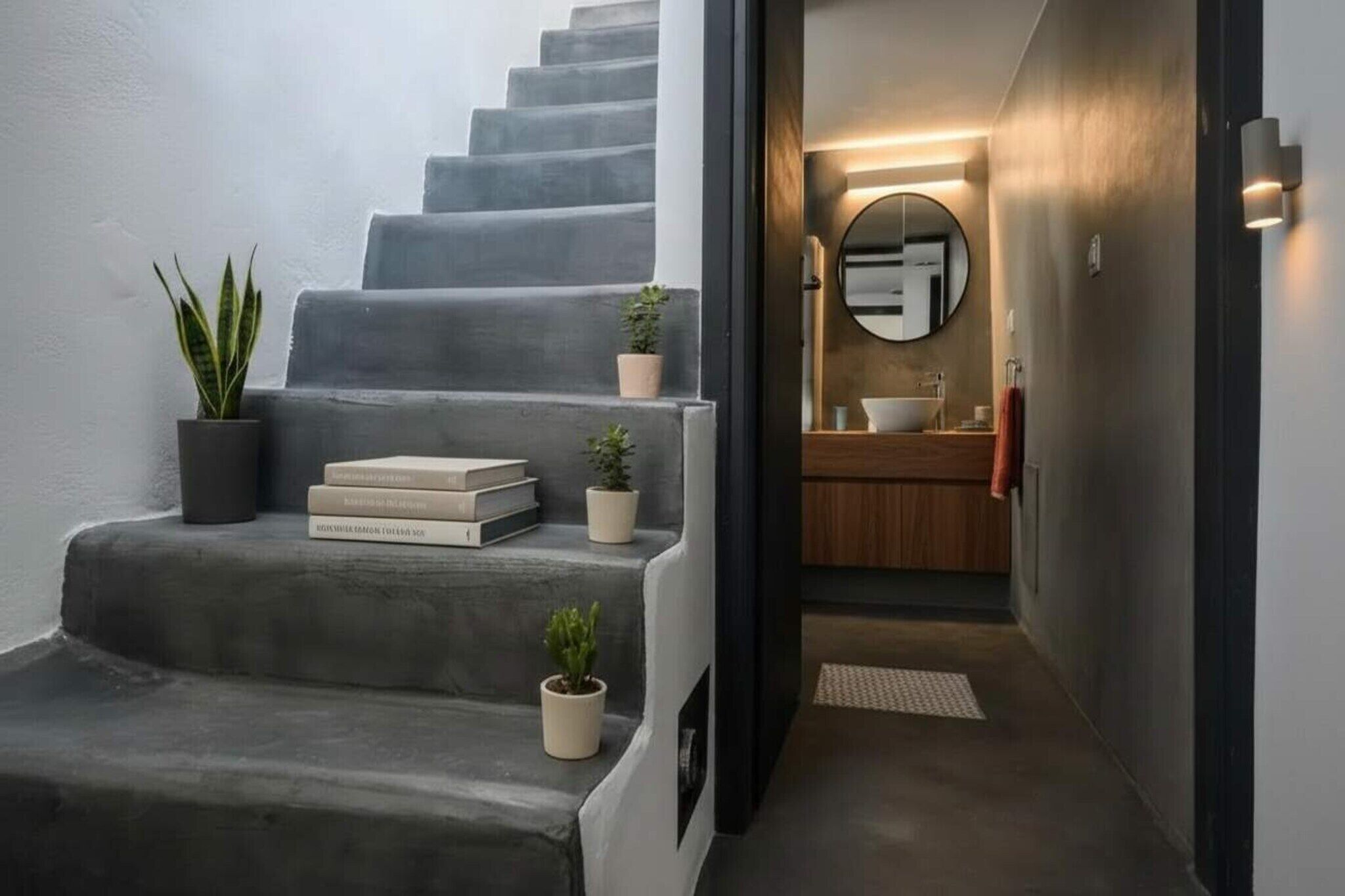 Eine Treppe mit Blumentöpfen und Büchern, die zu einem Badezimmer mit rundem Spiegel und Holzschränken führt.