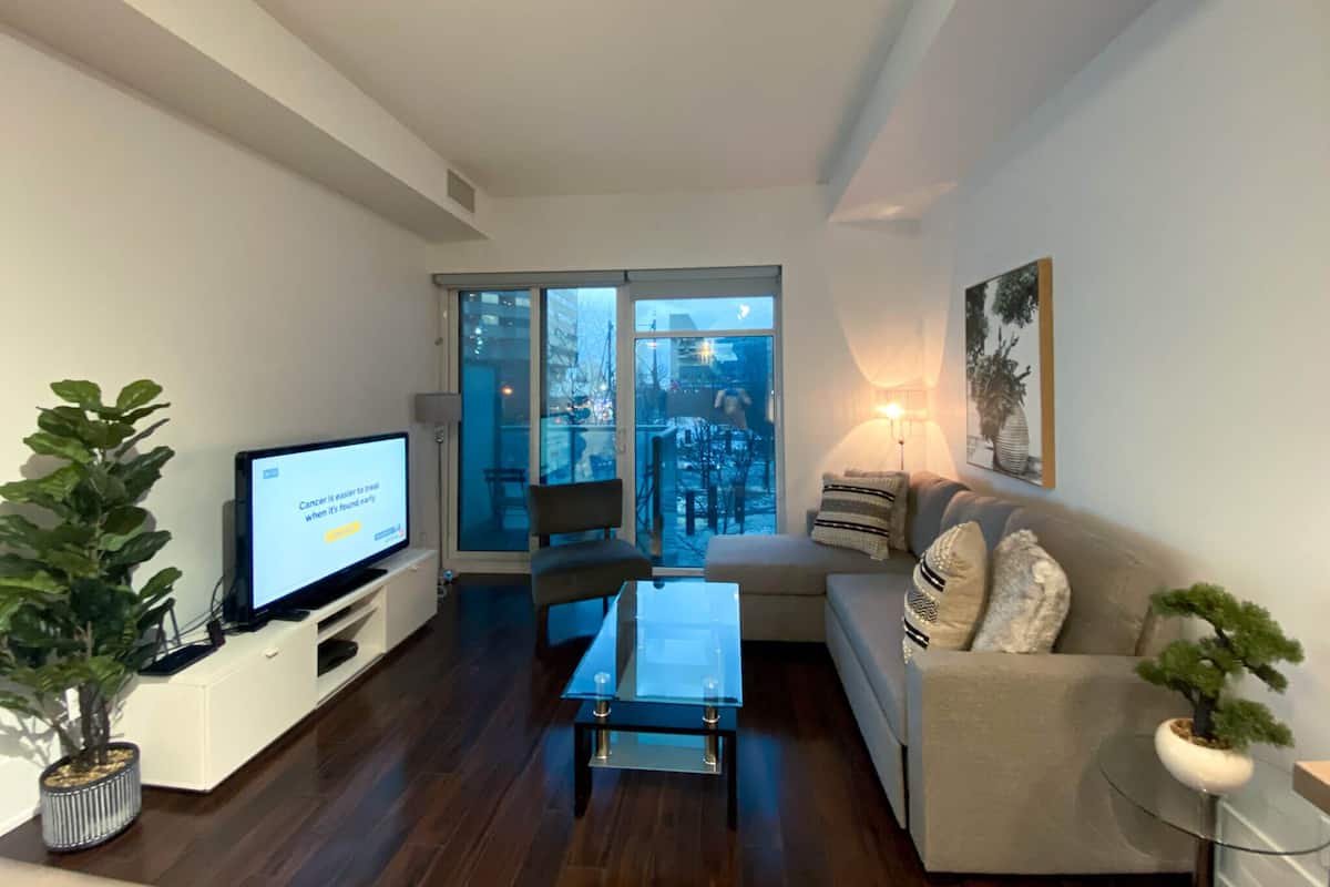 A modern living room with a flat-screen TV, a glass coffee table, a sofa, and a potted plant.