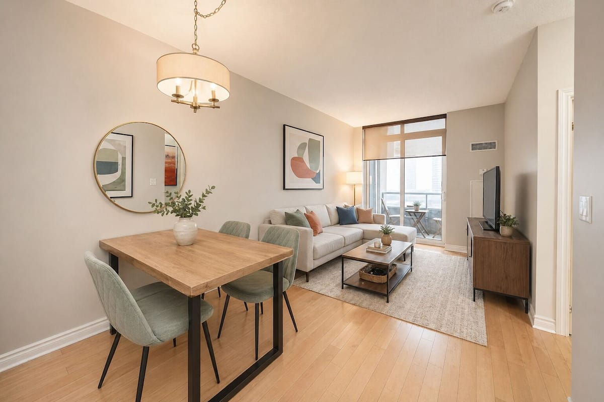 A modern living room with a dining table, sofa, and television.