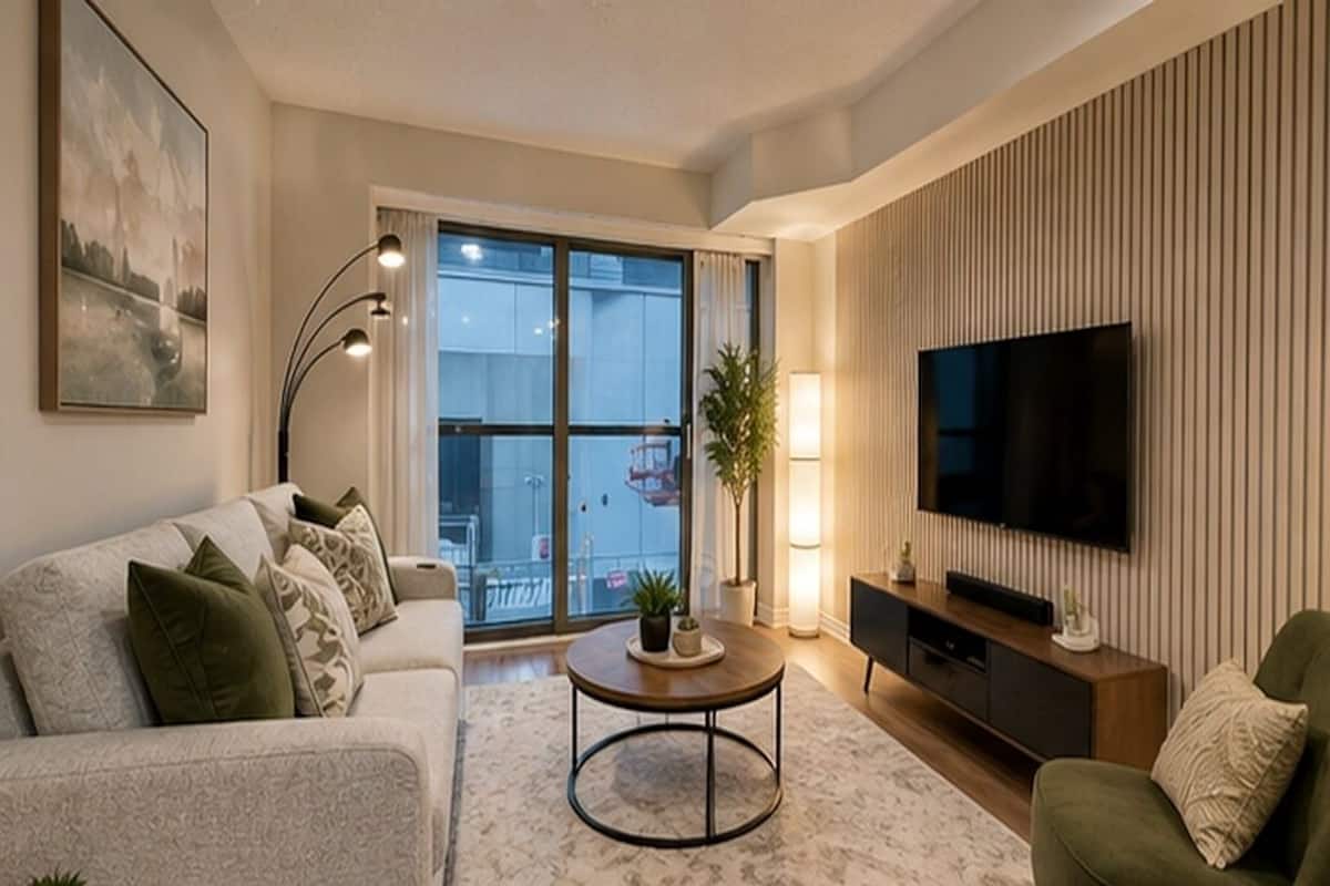 A modern living room with a sofa, a coffee table, a TV, and a large window.
