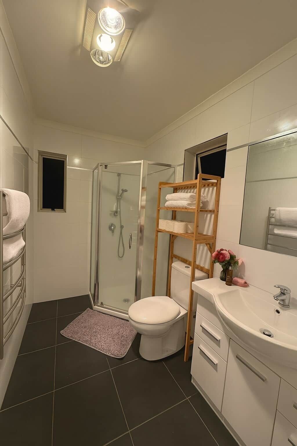 Shower, hair dryer, soap, toilet paper